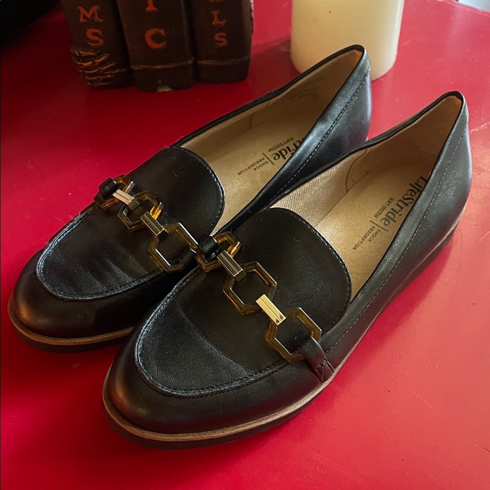 Life Stride Black Loafers with Gold Accent